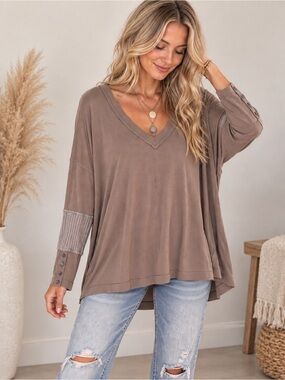 In Bloom V-Neck Button-Sleeve Oversized Top in Taupe
